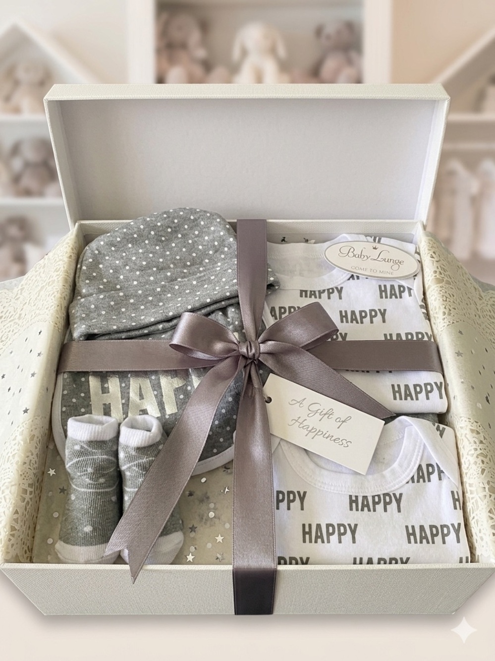 NWT Baby Lounge 5-Piece Coordinated Grey "Happy" Layette Set - 6-9M
